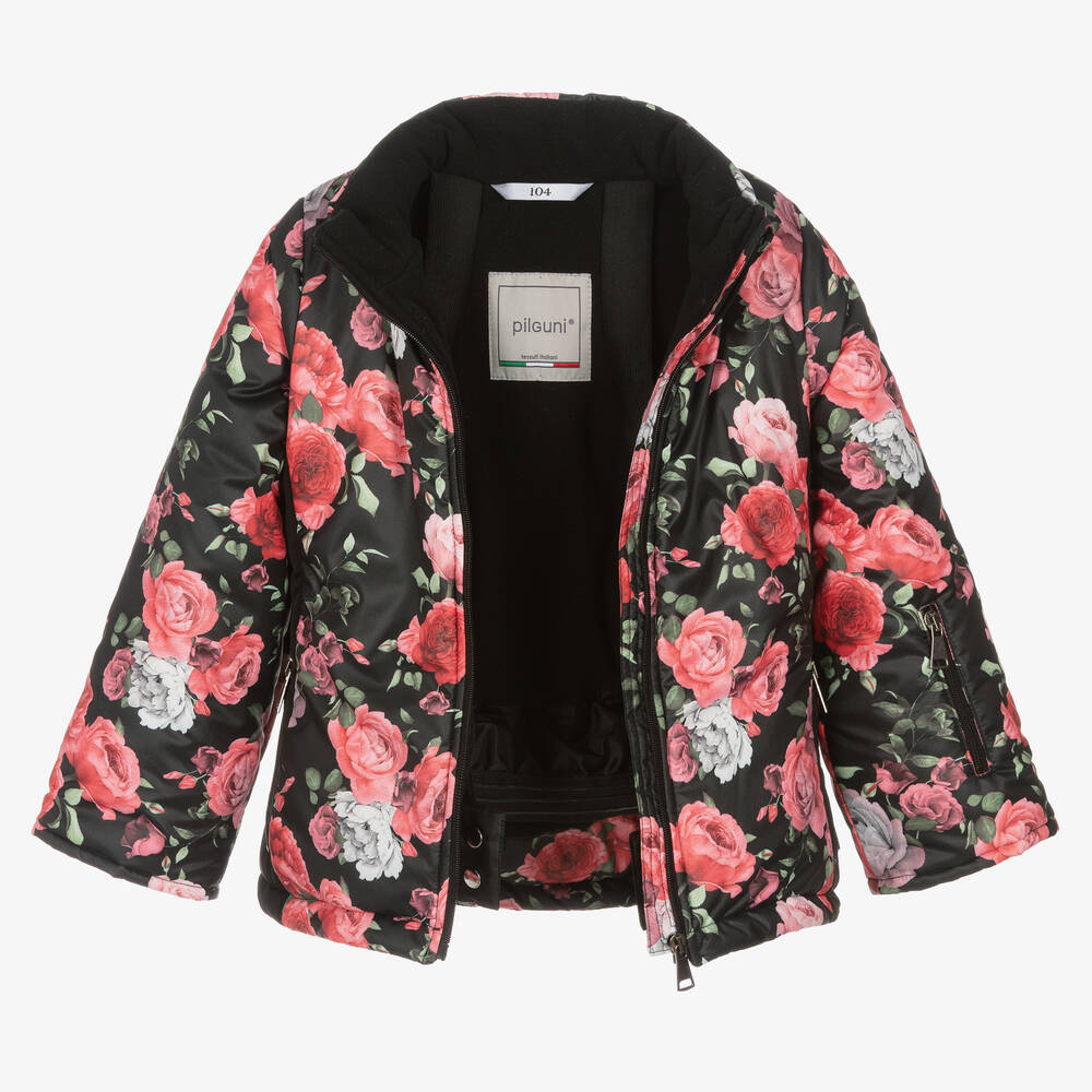 Pilguni-Черная лыжная куртка с розовыми цветами | Childrensalon Outlet