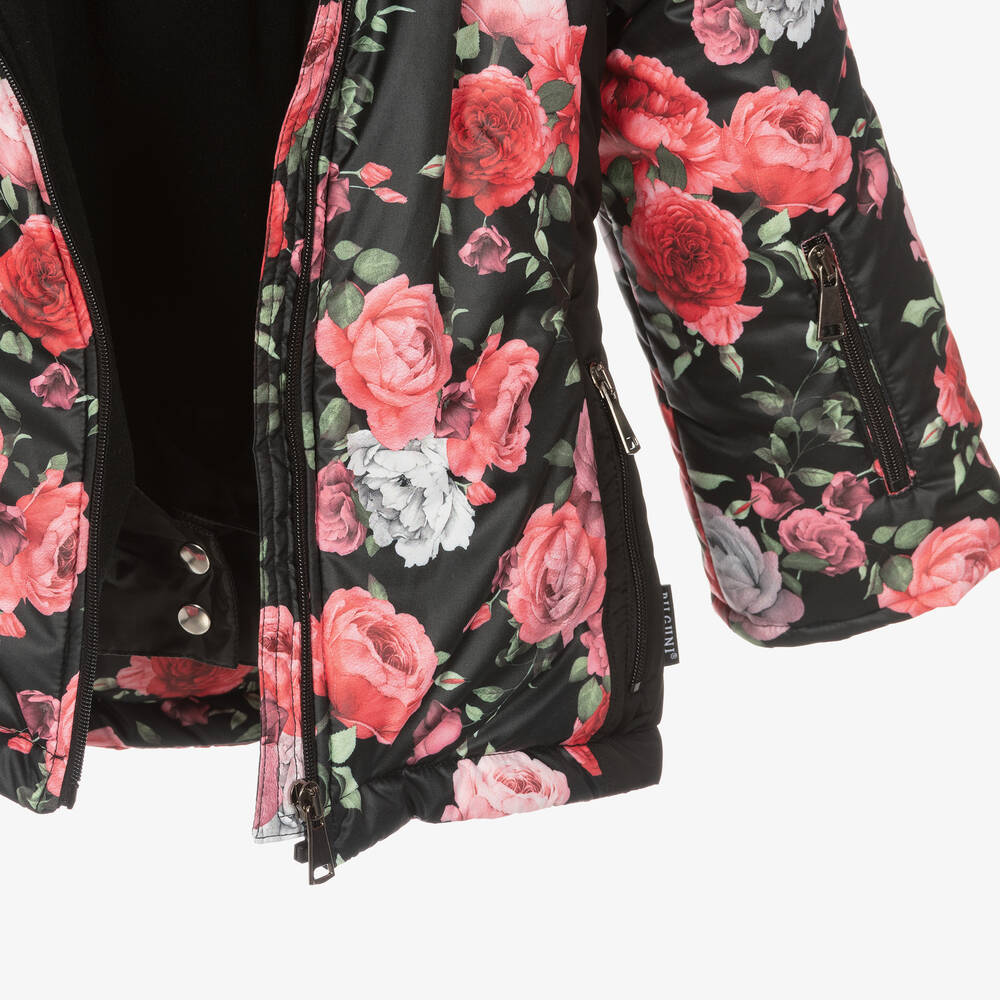 Pilguni-Черная лыжная куртка с розовыми цветами | Childrensalon Outlet