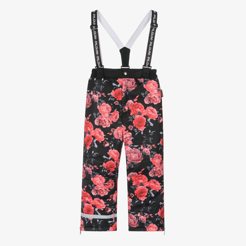 Pilguni - Girls Black & Pink Floral Ski Trousers | Childrensalon