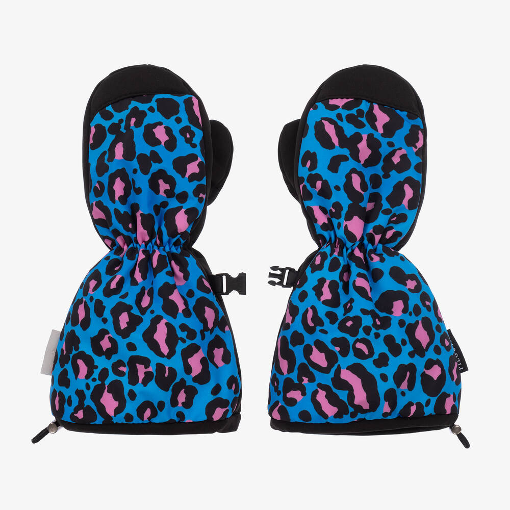 Pilguni - Girls Blue Leopard Print Ski Mittens | Childrensalon