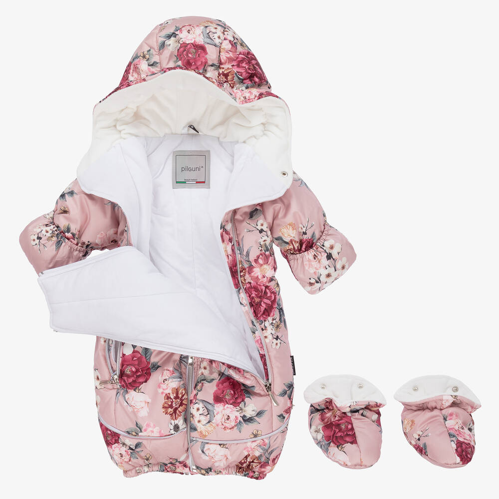 Pilguni-Pink Floral Baby Snowsuit | Childrensalon Outlet