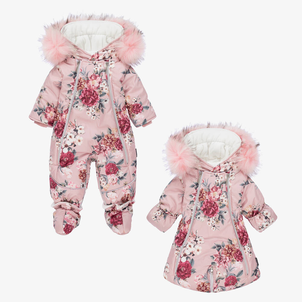 Pilguni - Pink Floral Baby Snowsuit | Childrensalon