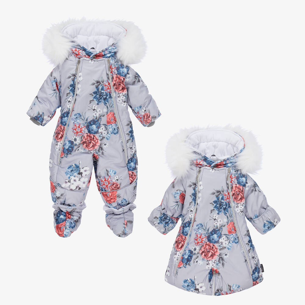 Pilguni - Silver Floral Baby Snowsuit | Childrensalon