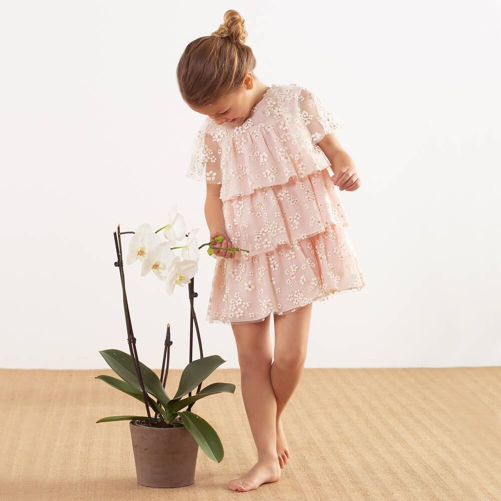 Pili Carrera-Girls Pink & Ivory Tulle Dress | Childrensalon Outlet