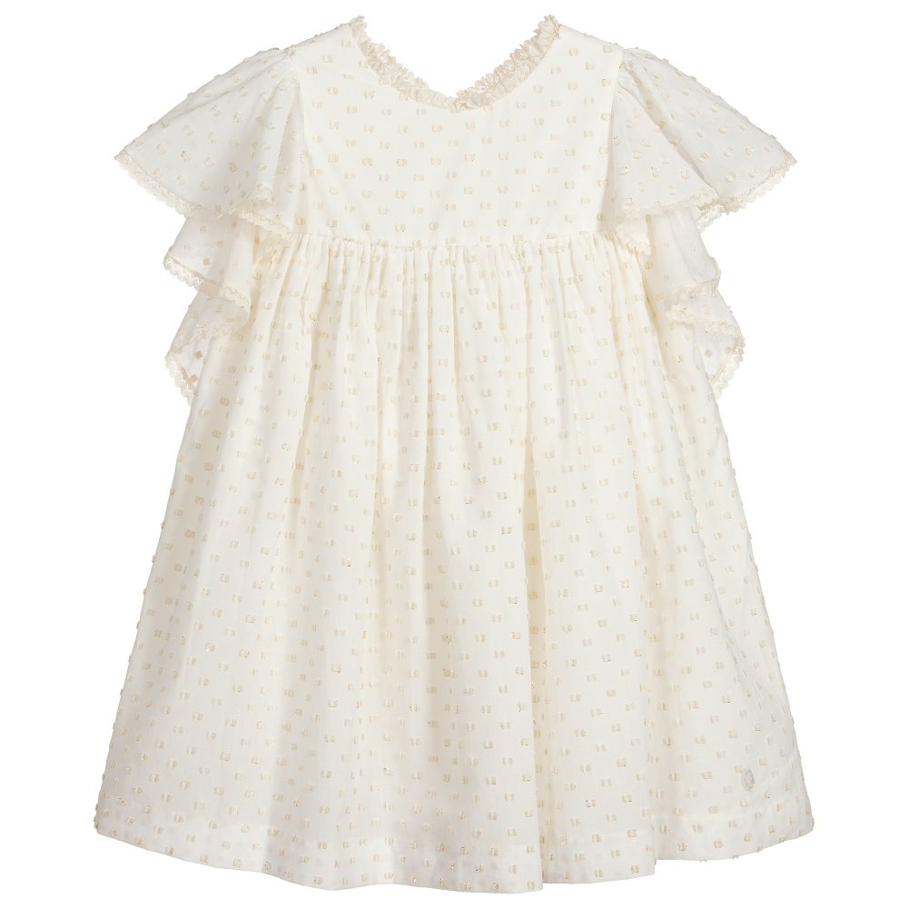 Pili Carrera-Ivory & Gold Plumeti Dress  | Childrensalon Outlet