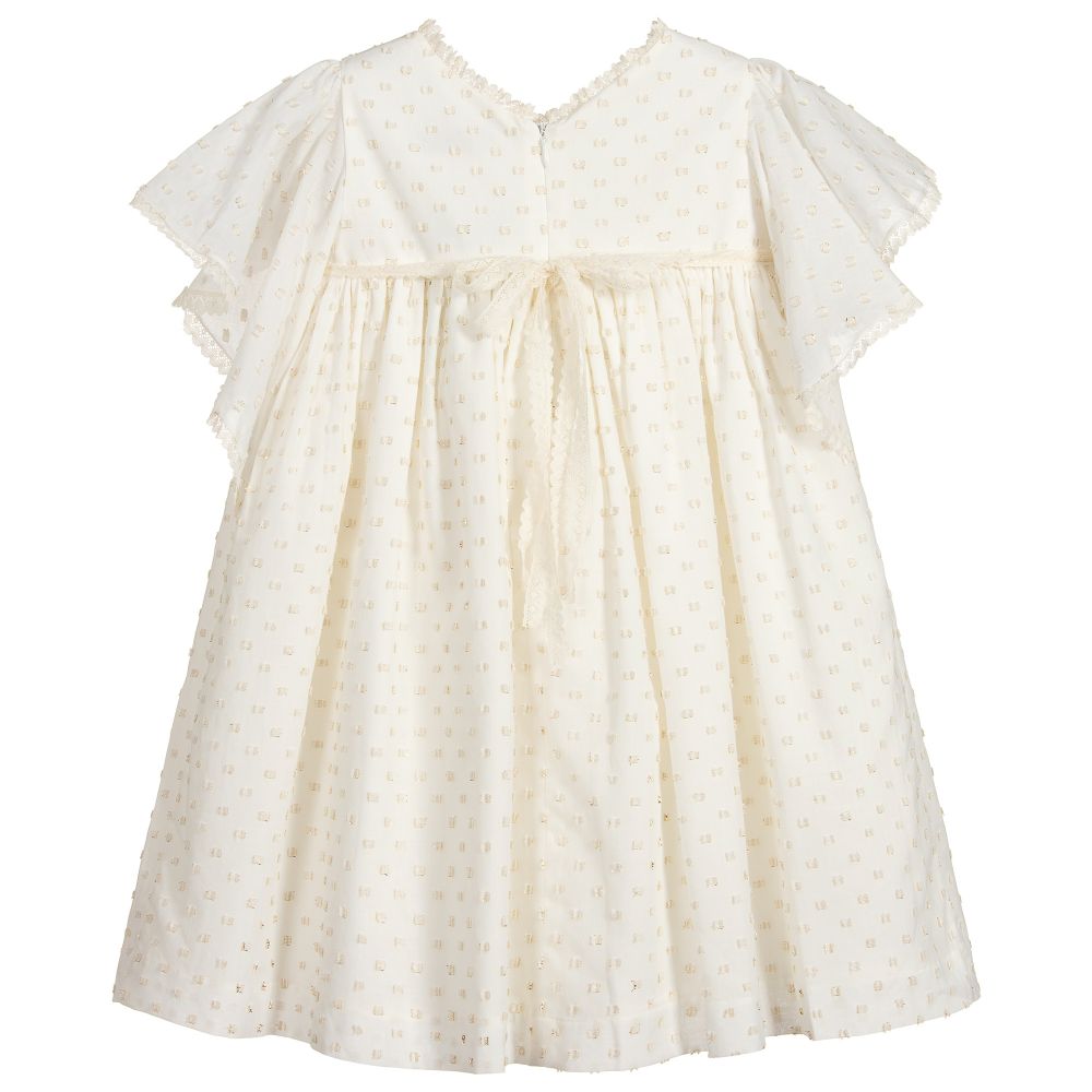 Pili Carrera-Ivory & Gold Plumeti Dress  | Childrensalon Outlet