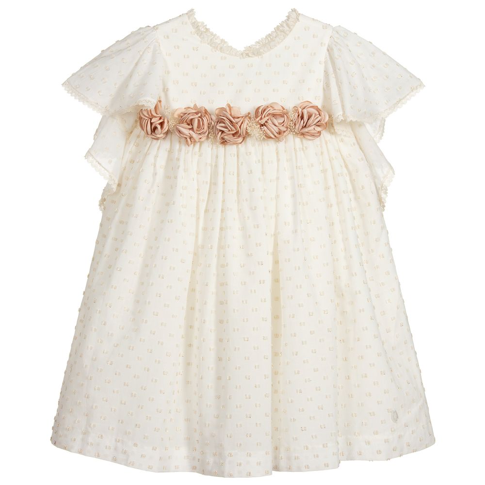 Pili Carrera - Ivory & Gold Plumeti Dress  | Childrensalon