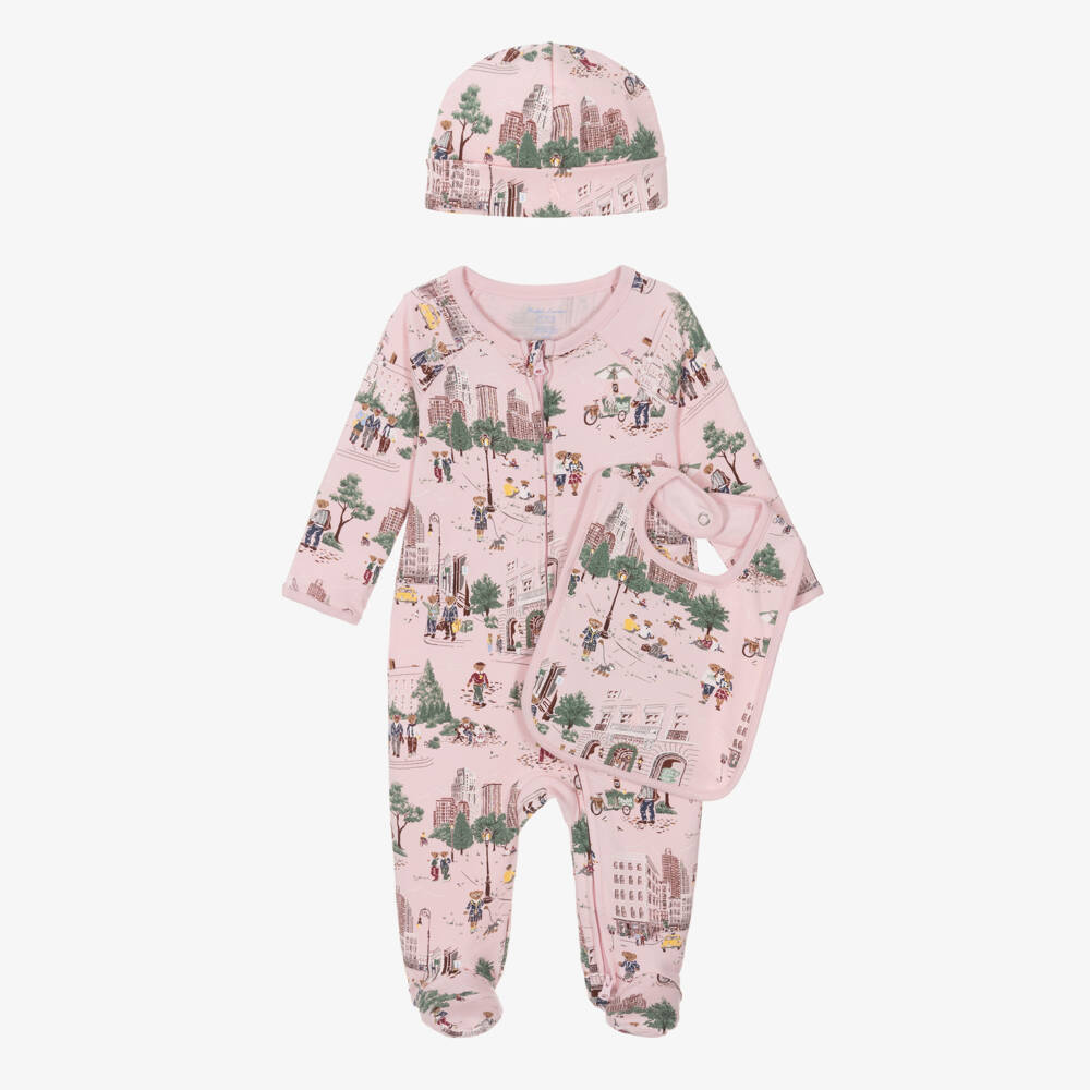Ralph Lauren-Pink Cotton New York City Babysuit Set | Childrensalon Outlet