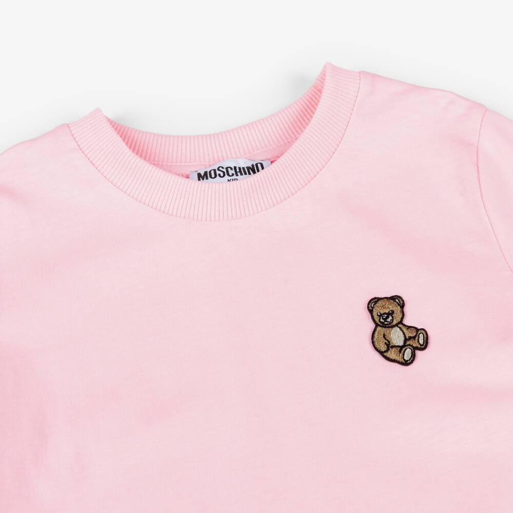 Moschino-Pink Cotton T-Shirt with Embroidered Teddy Bear Logo Patch | Childrensalon Outlet
