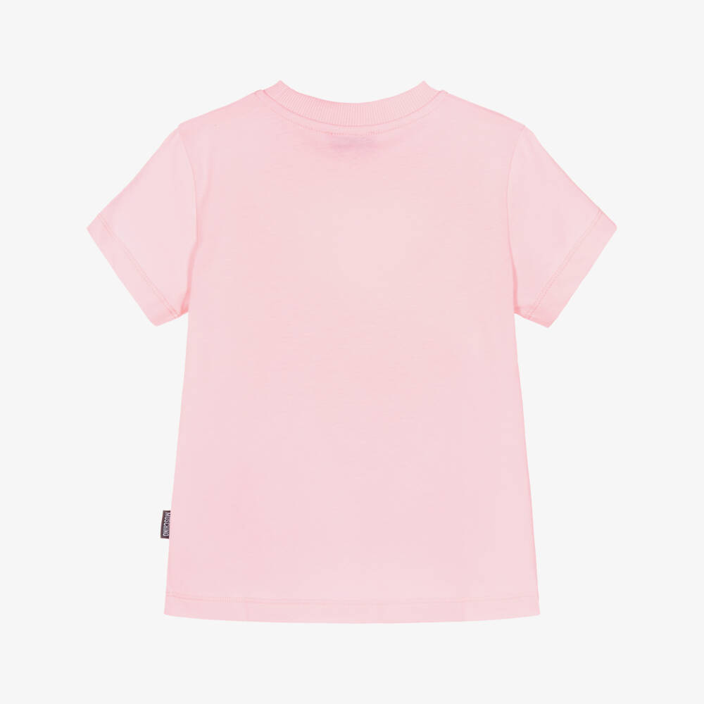 Moschino-Pink Cotton T-Shirt with Embroidered Teddy Bear Logo Patch | Childrensalon Outlet