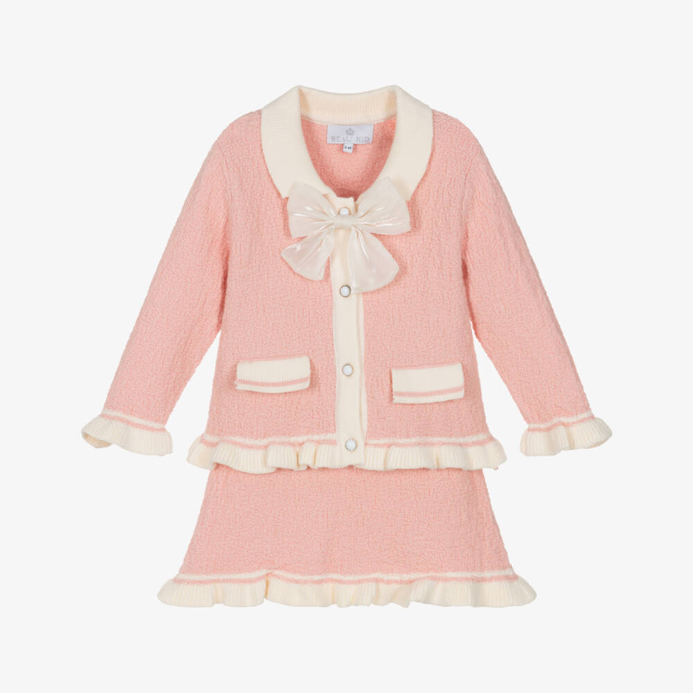 Beau KiD-Pink & Ivory Knitted Skirt Set with Satin Bow | Childrensalon Outlet