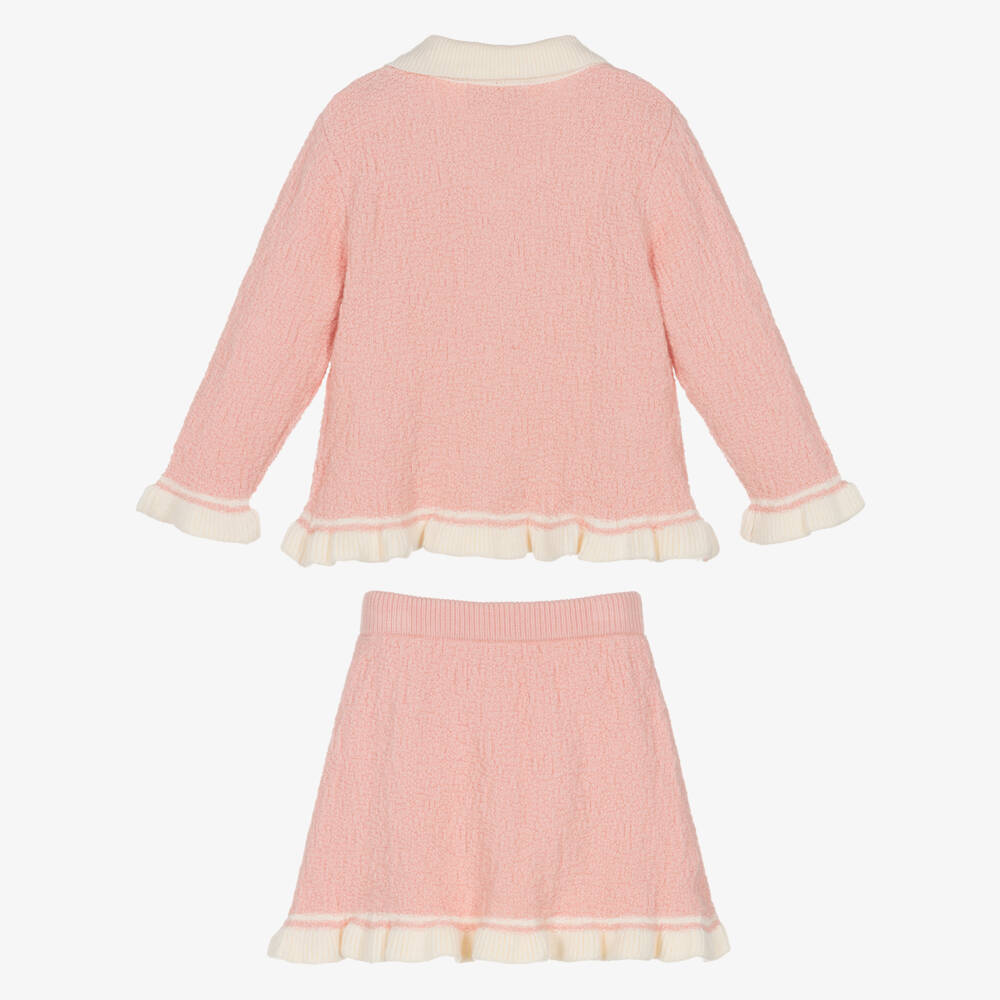 Beau KiD-Pink & Ivory Knitted Skirt Set with Satin Bow | Childrensalon Outlet