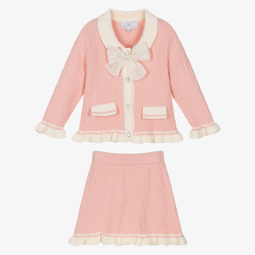 Beau KiD-Pink & Ivory Knitted Skirt Set with Satin Bow | Childrensalon Outlet