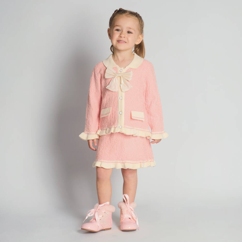 Beau KiD-Pink & Ivory Knitted Skirt Set with Satin Bow | Childrensalon Outlet