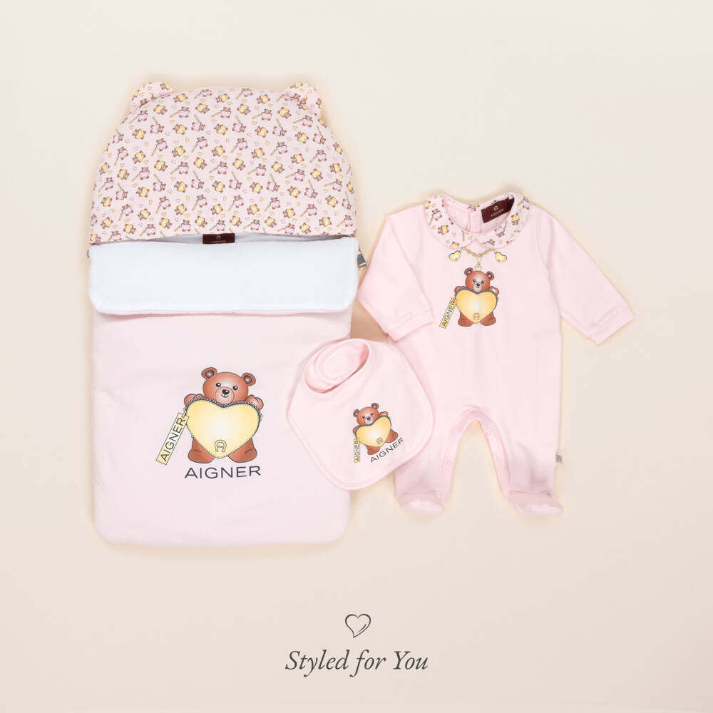 AIGNER-Pink Pima Cotton Teddy Bear Bib | Childrensalon Outlet