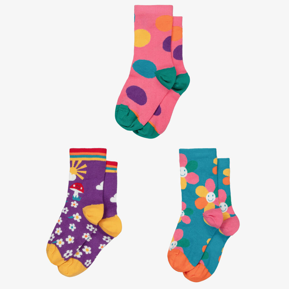 Frugi-Pink & Purple Organic Cotton Flower Socks (3 Pack) | Childrensalon Outlet