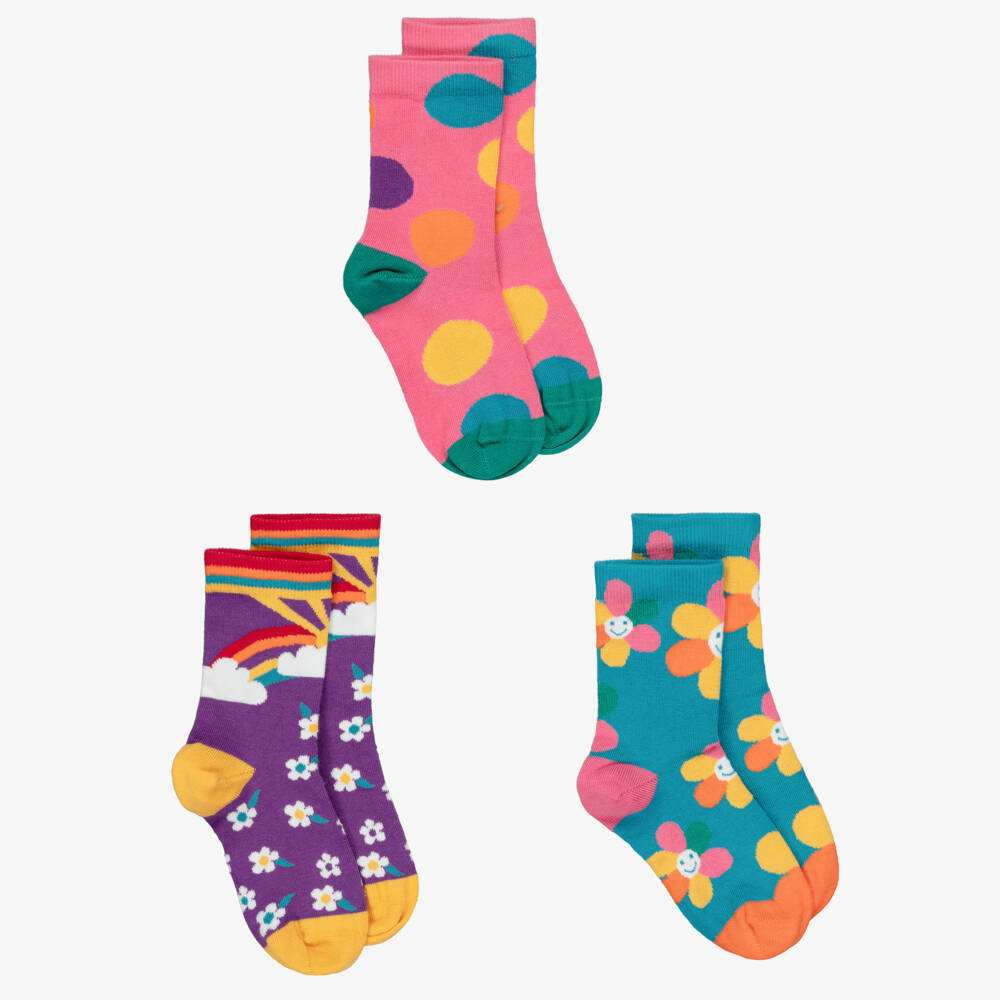 Frugi-Pink & Purple Organic Cotton Flower Socks (3 Pack) | Childrensalon Outlet