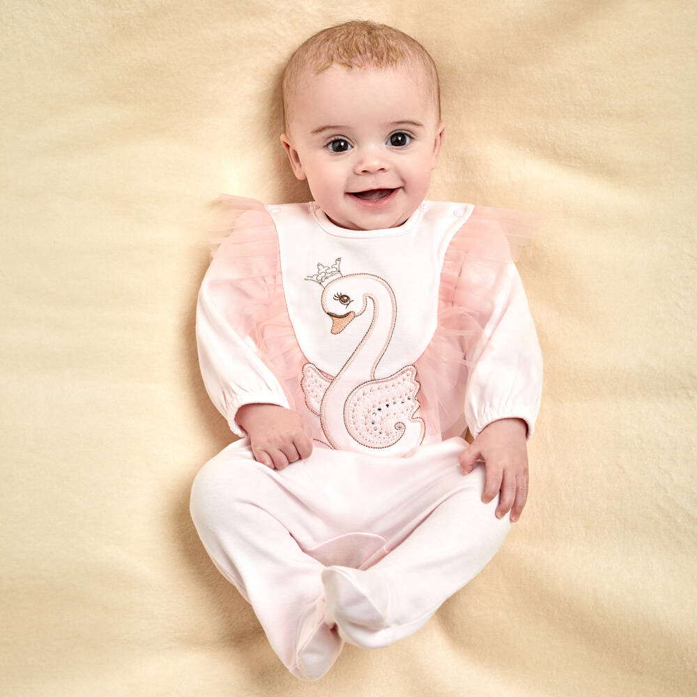 Sofija-Pink Swan Cotton Babygrow | Childrensalon Outlet