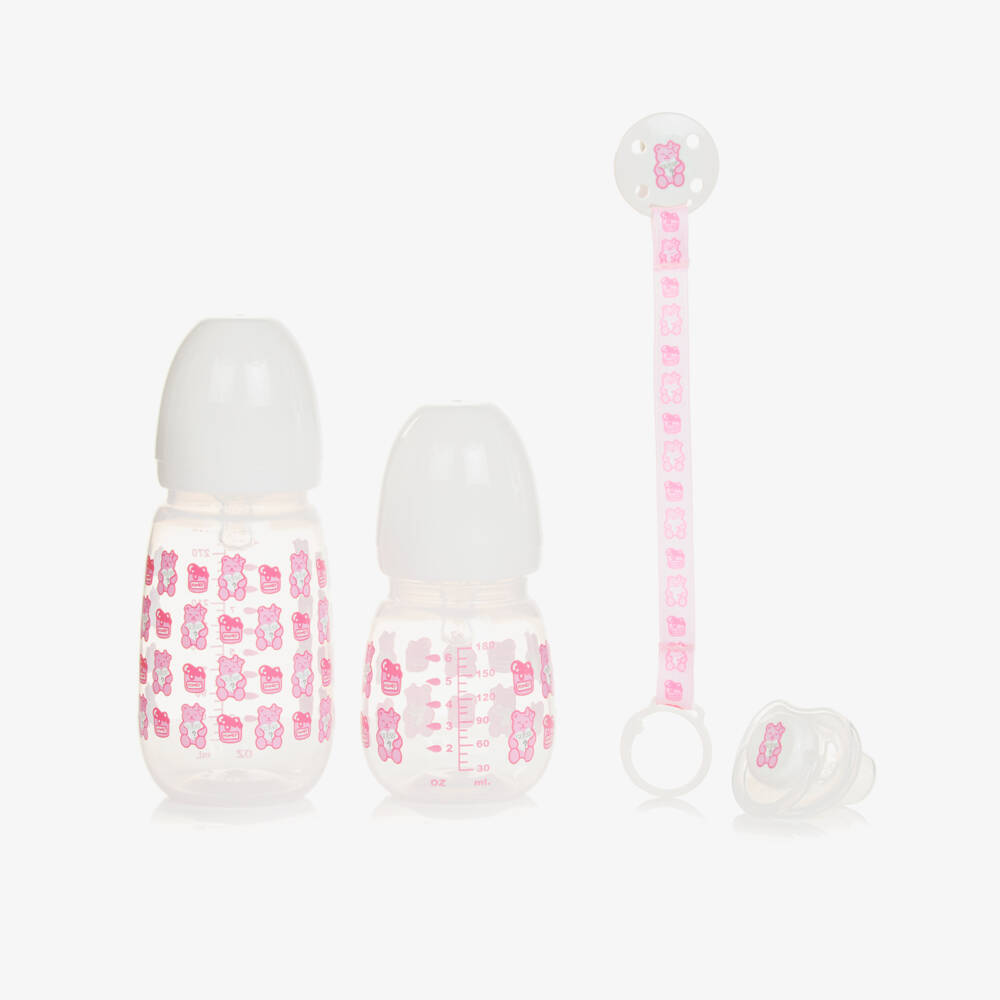 Guess-Pink Teddy Bear Bottle & Dummy Set | Childrensalon Outlet