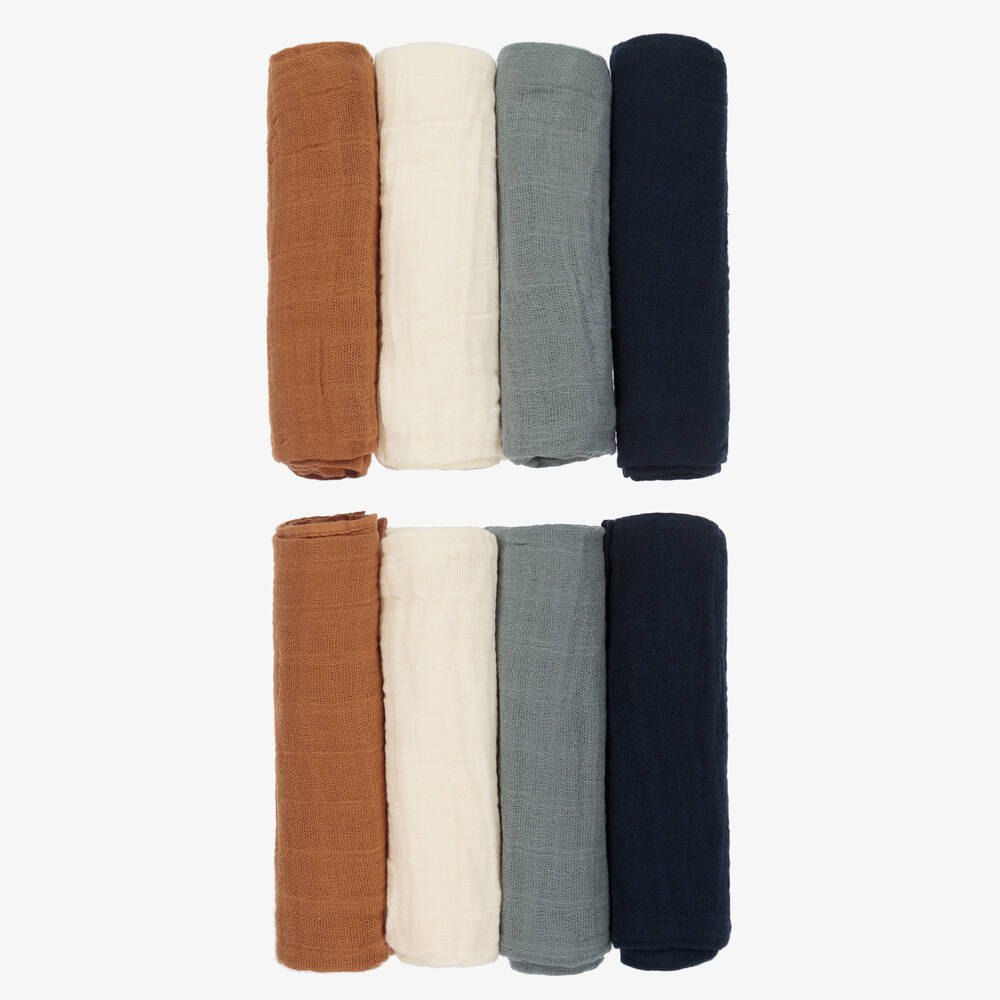 Pippi-Blue Organic Cotton Muslin Cloths (8 Pack) | Childrensalon Outlet