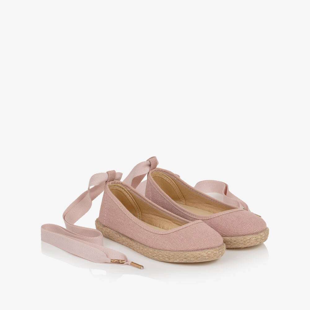 Pisamonas-Girls Pink Canvas Ballerina Shoes with Ribbon Ties | Childrensalon Outlet