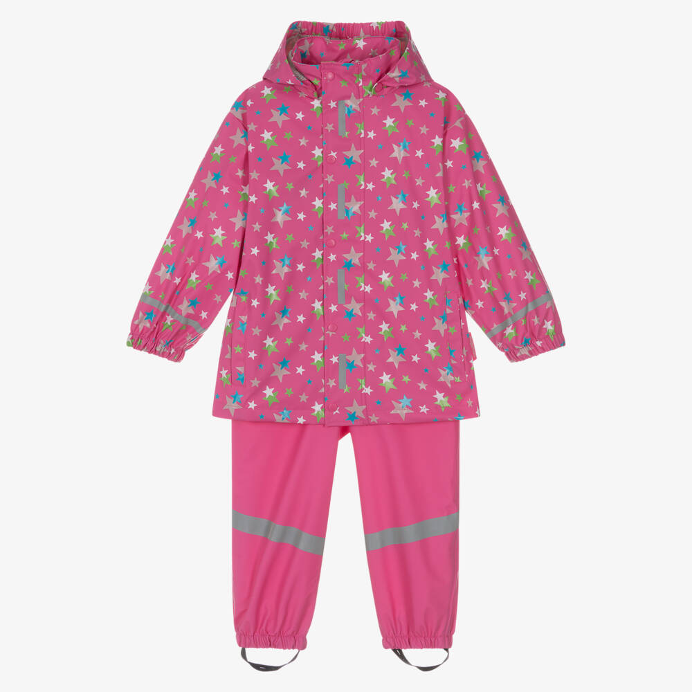 Playshoes-Bright Pink Stars Raincoat & Salopettes Set | Childrensalon Outlet