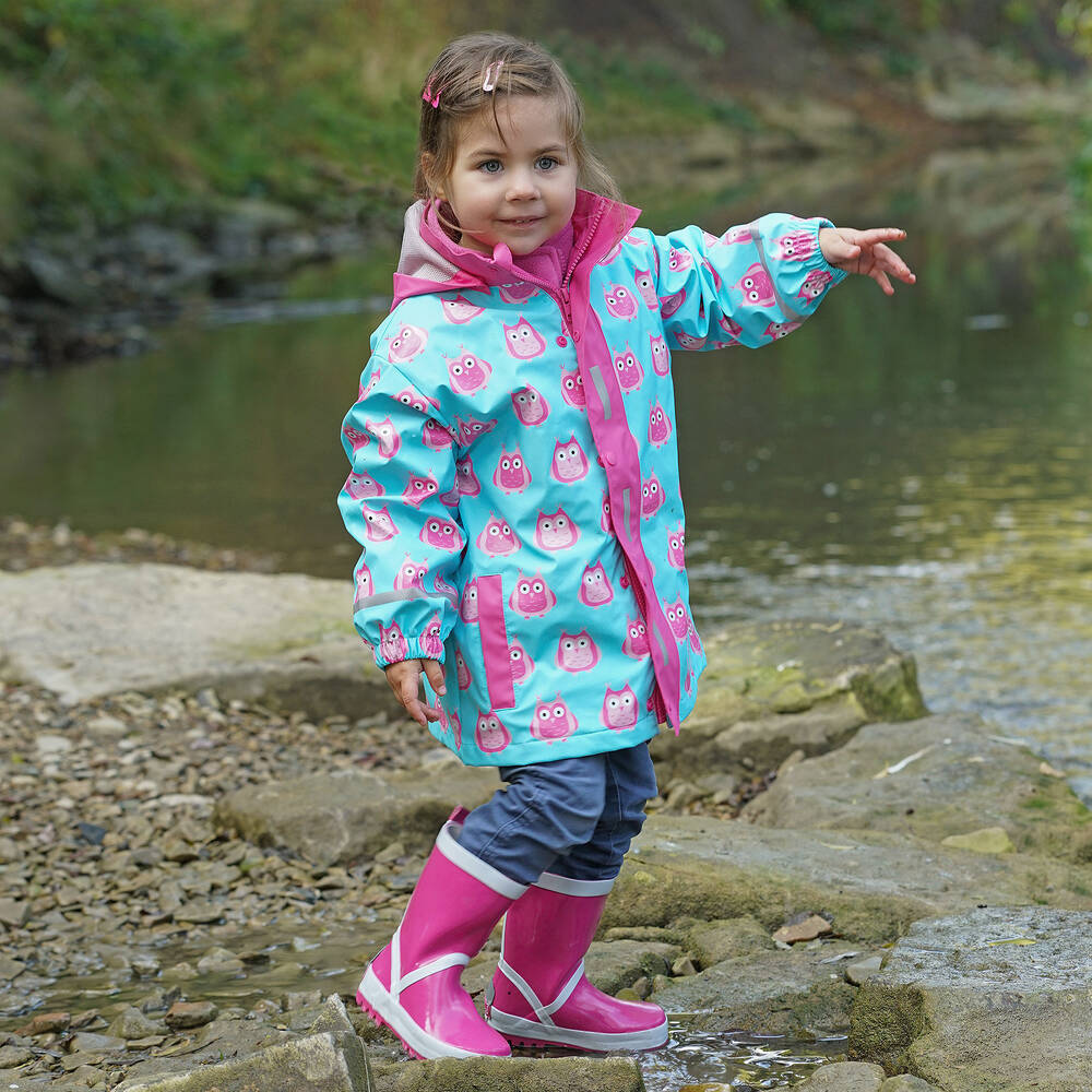 Playshoes-Girls Blue & Pink Owl Raincoat | Childrensalon Outlet