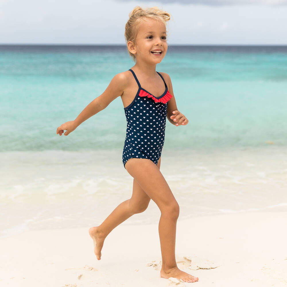 Playshoes-Girls Blue & Red Hearts Swimsuit (UPF50+) | Childrensalon Outlet