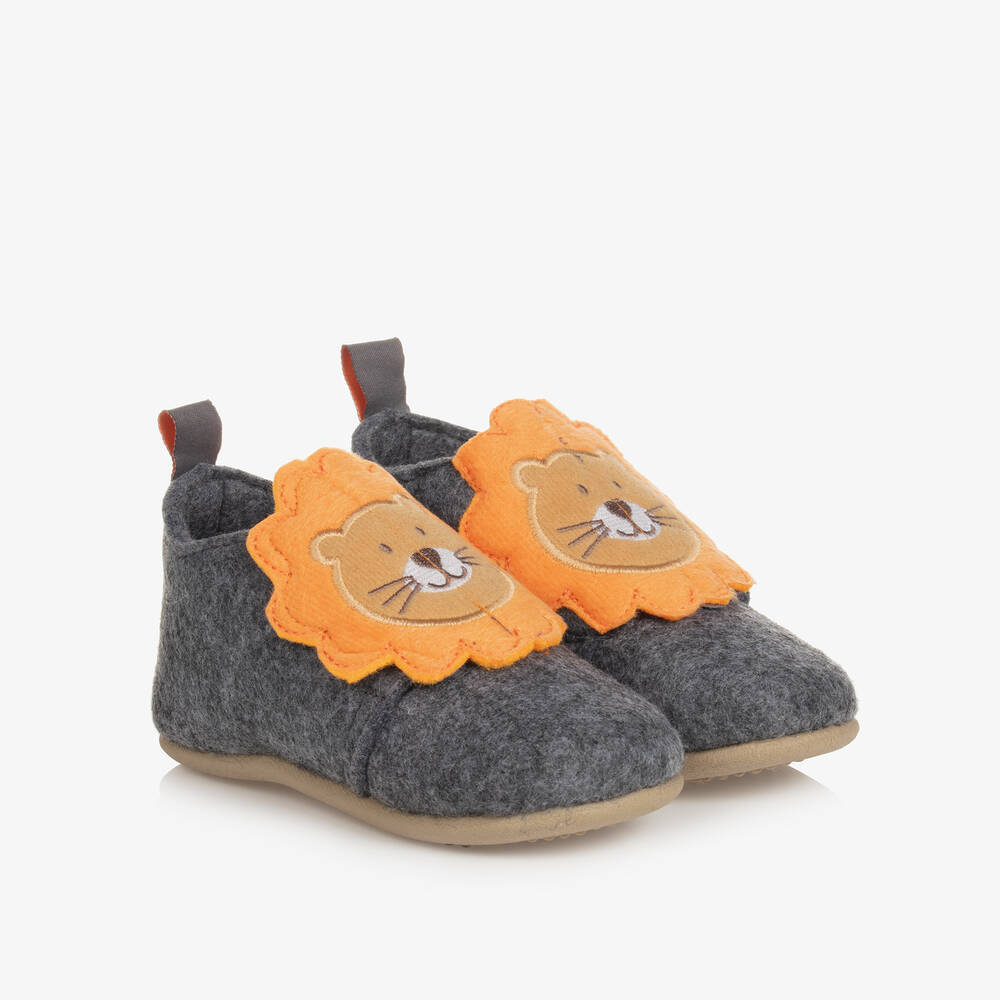 Playshoes-Grey Lion Slippers with Velcro | Childrensalon Outlet