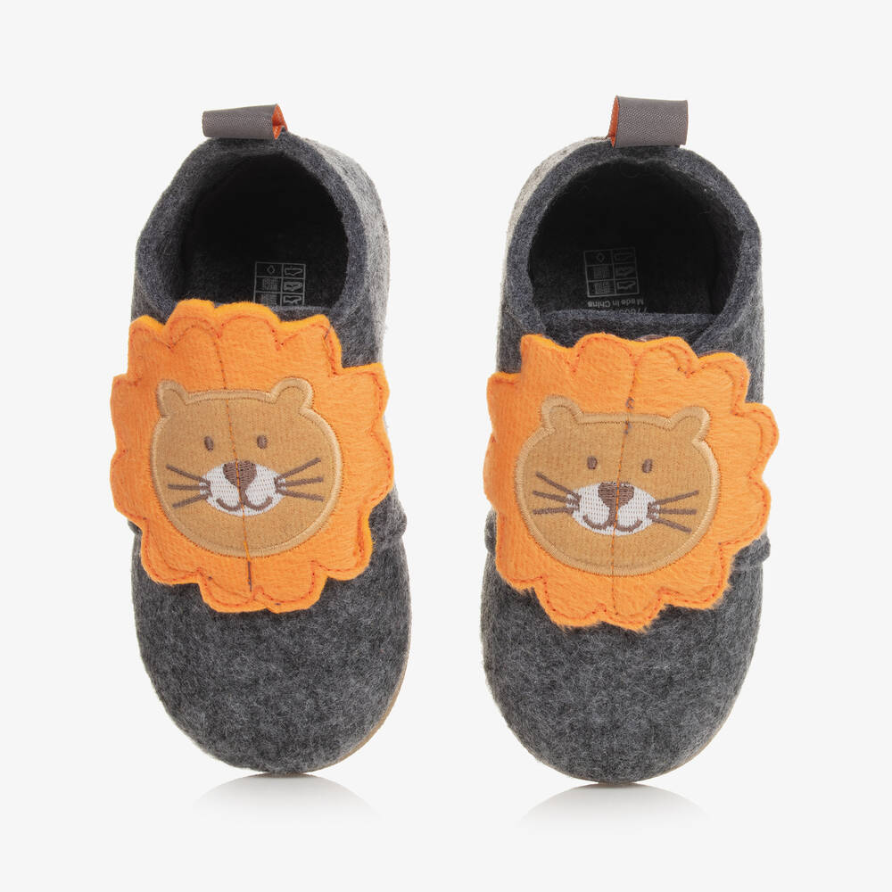 Playshoes-Grey Lion Slippers with Velcro | Childrensalon Outlet