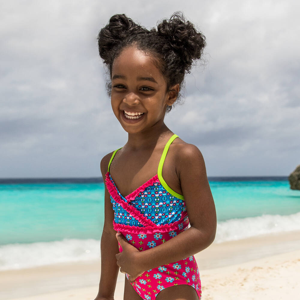 بلاي شوز-مايو لون زهري و أزرق بطبعة ورود (+UPF 50) | Childrensalon Outlet