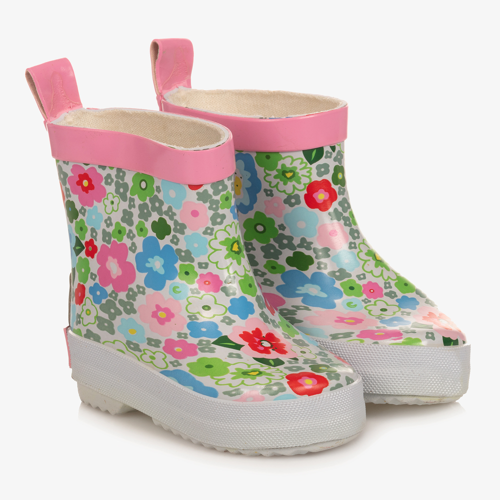 Playshoes - Blumen-Gummistiefel in Weiß und Rosa | Childrensalon