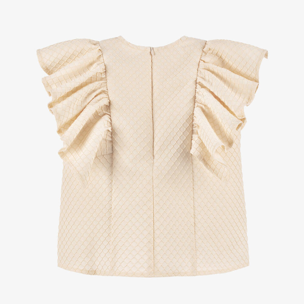 POCA & POCA-Girls Beige Textured Blouse with Ruffles & Pearl Bow | Childrensalon Outlet
