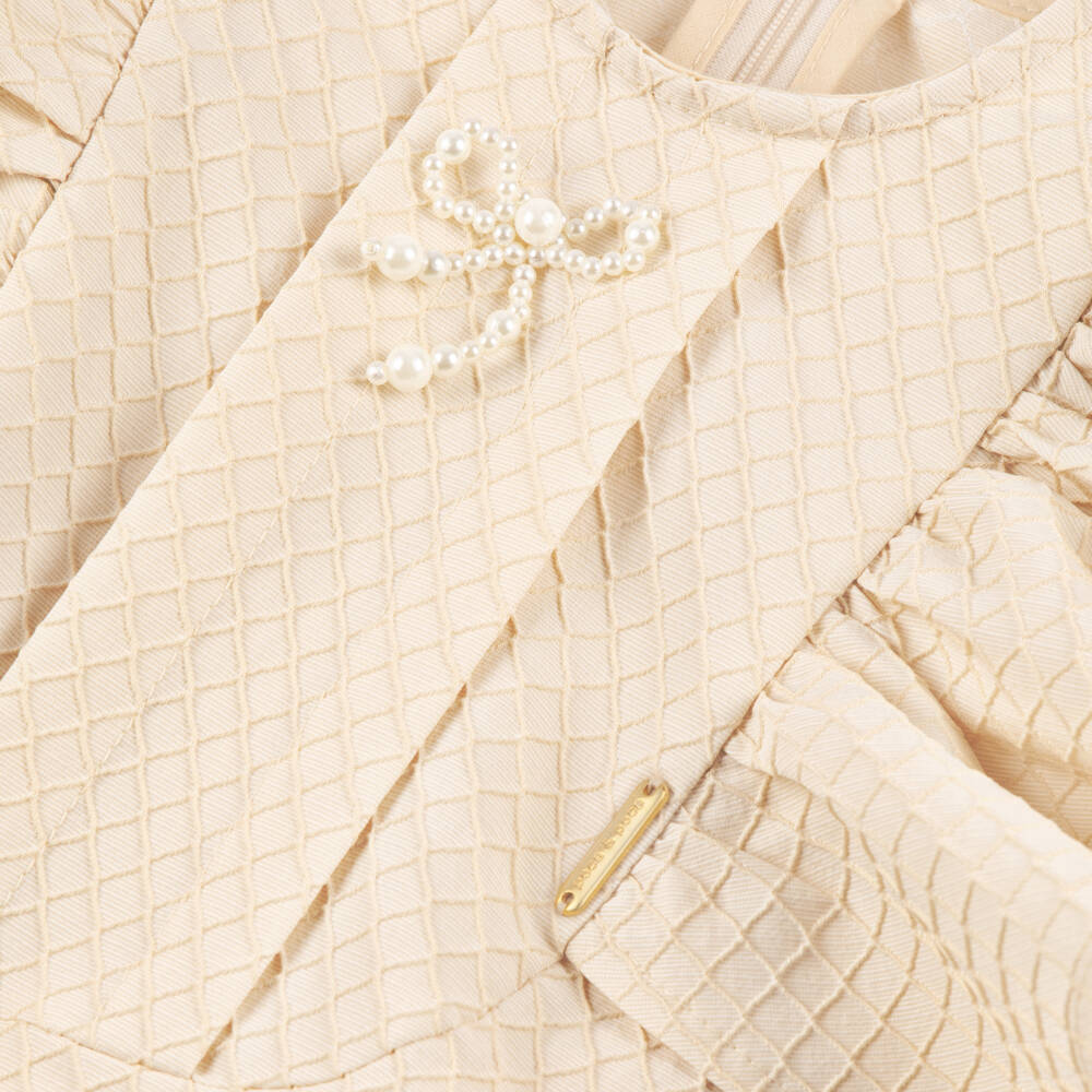 POCA & POCA-Girls Beige Textured Blouse with Ruffles & Pearl Bow | Childrensalon Outlet