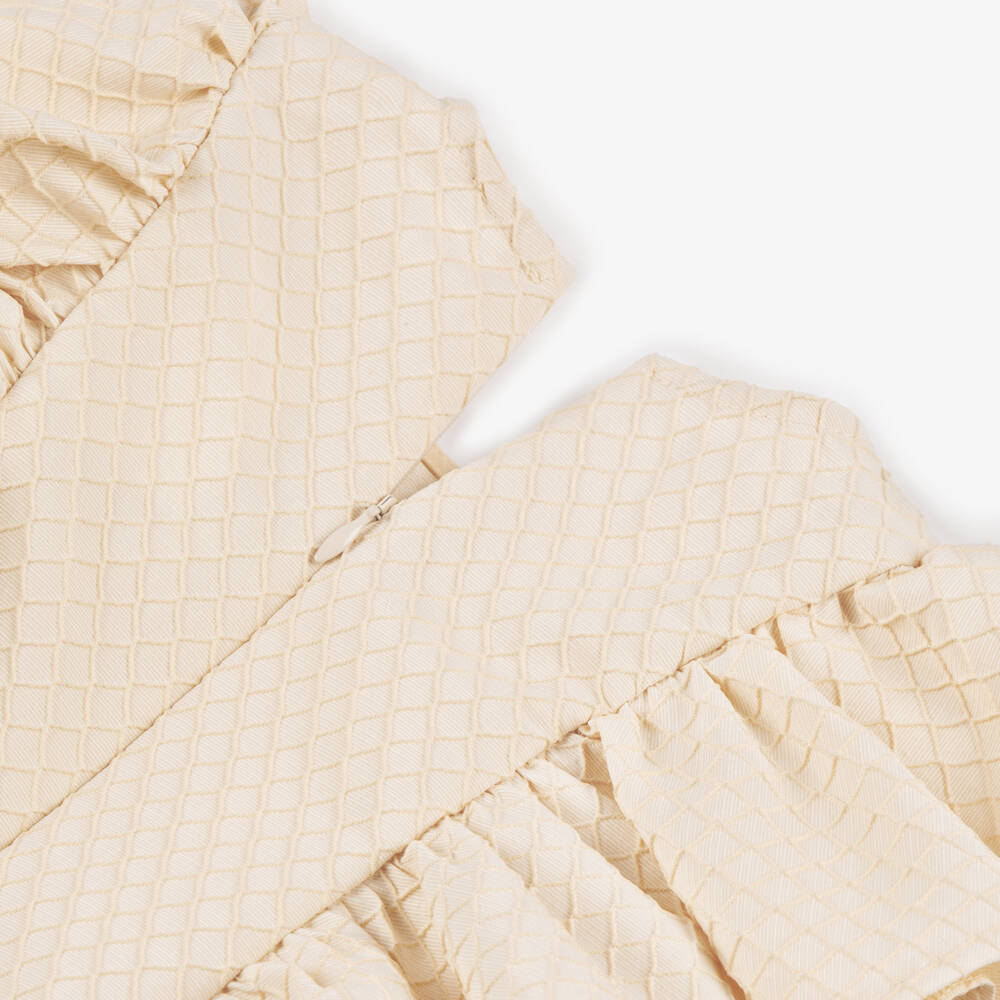 POCA & POCA-Girls Beige Textured Blouse with Ruffles & Pearl Bow | Childrensalon Outlet