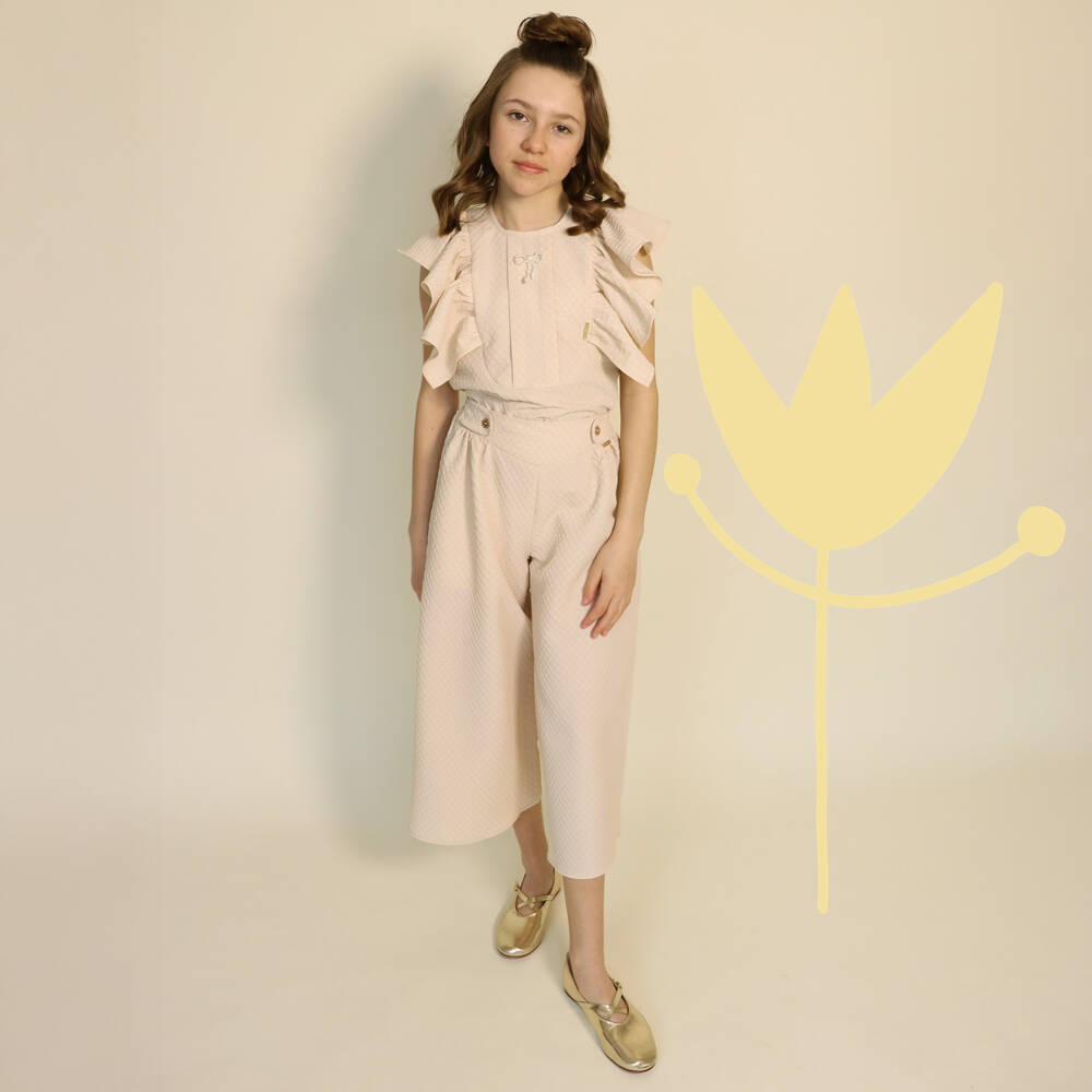 POCA & POCA-Girls Beige Textured Wide-Leg Trousers | Childrensalon Outlet