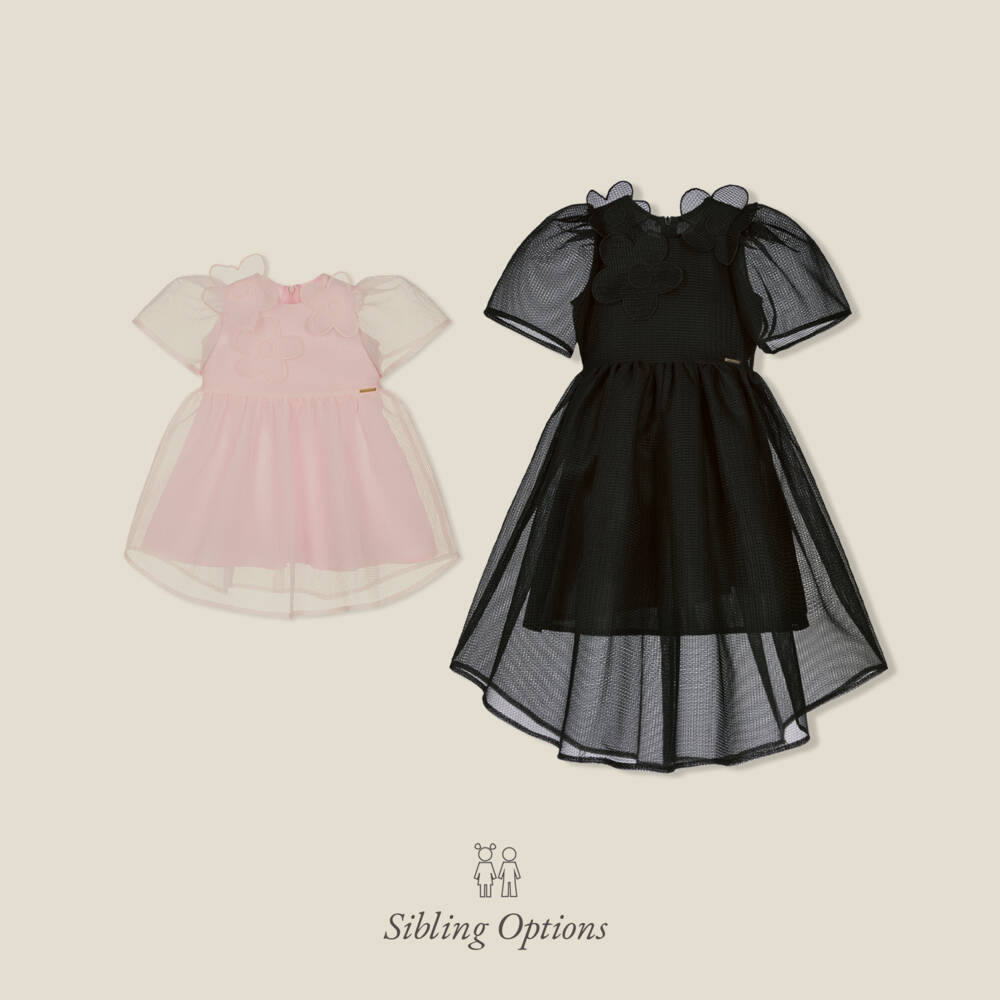 POCA & POCA-Girls Black Mesh Dress with Flower Appliqués | Childrensalon Outlet