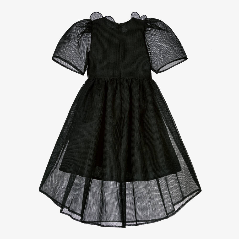 POCA & POCA-Girls Black Mesh Dress with Flower Appliqués | Childrensalon Outlet