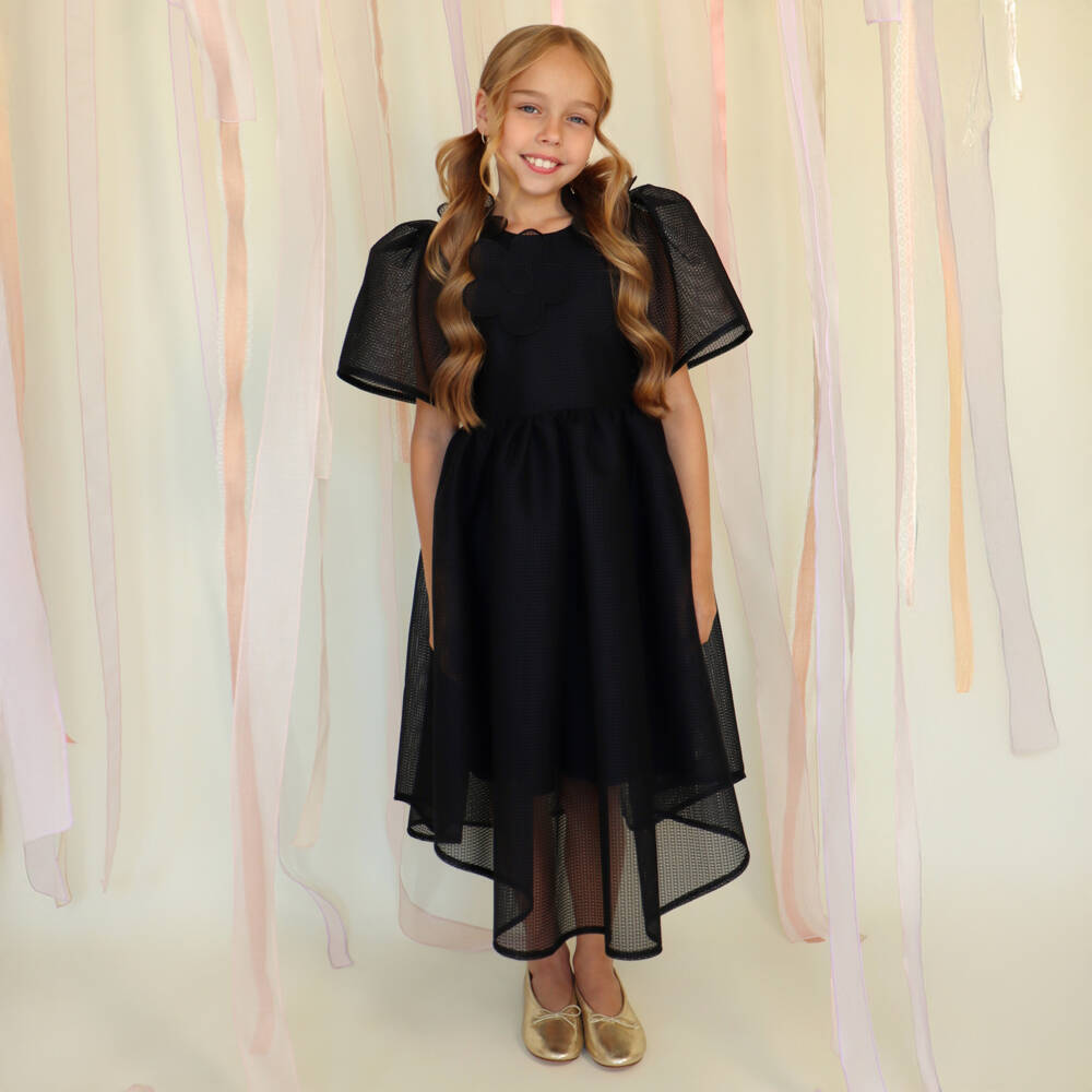 POCA & POCA-Girls Black Mesh Dress with Flower Appliqués | Childrensalon Outlet