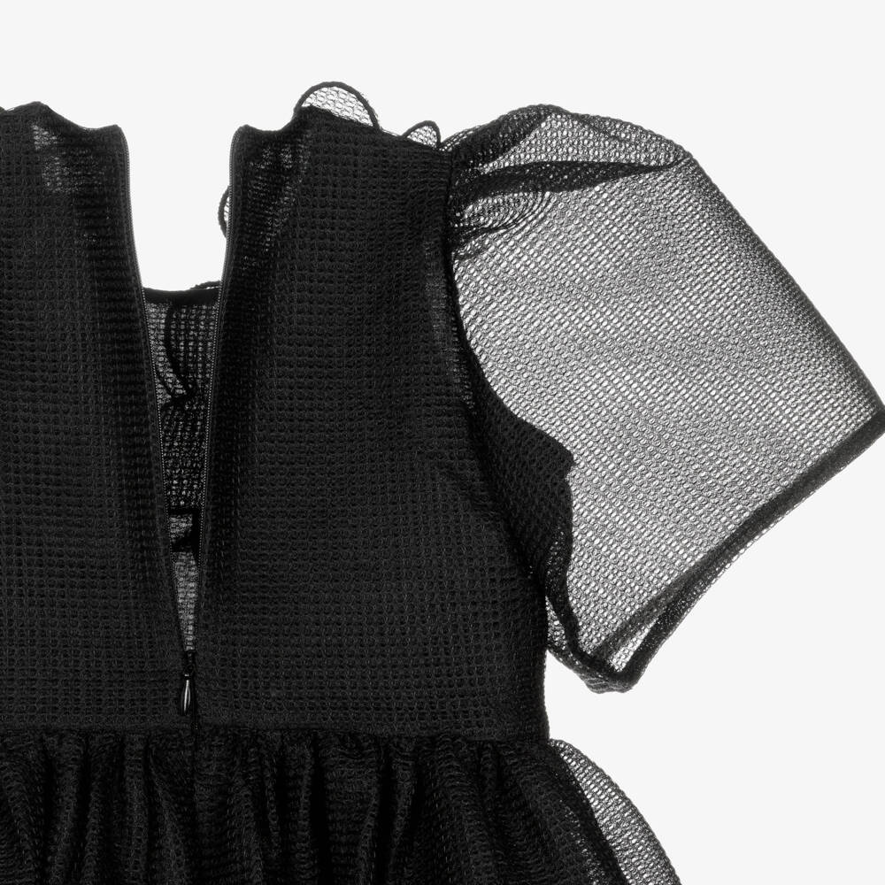 POCA & POCA-Girls Black Mesh Dress with Flower Appliqués | Childrensalon Outlet