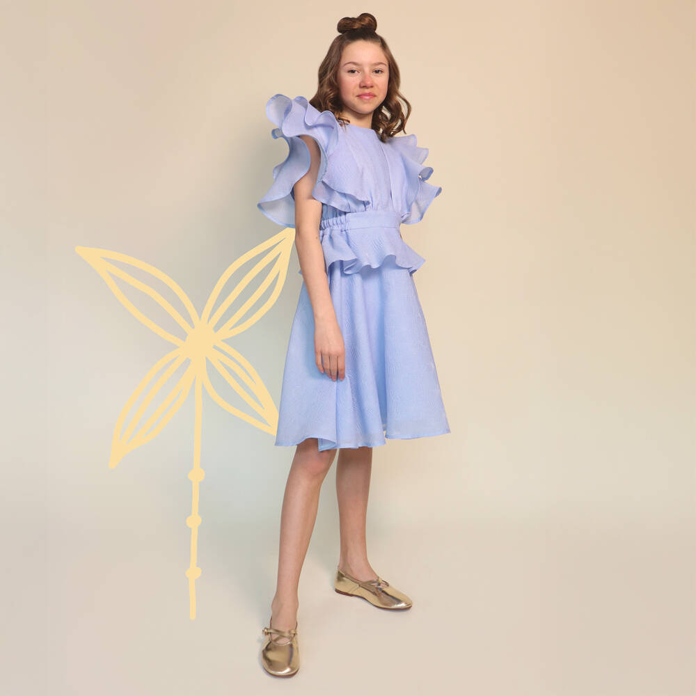 POCA & POCA-فستان جاكار أزرق للبنات مع كشكشات | Childrensalon Outlet