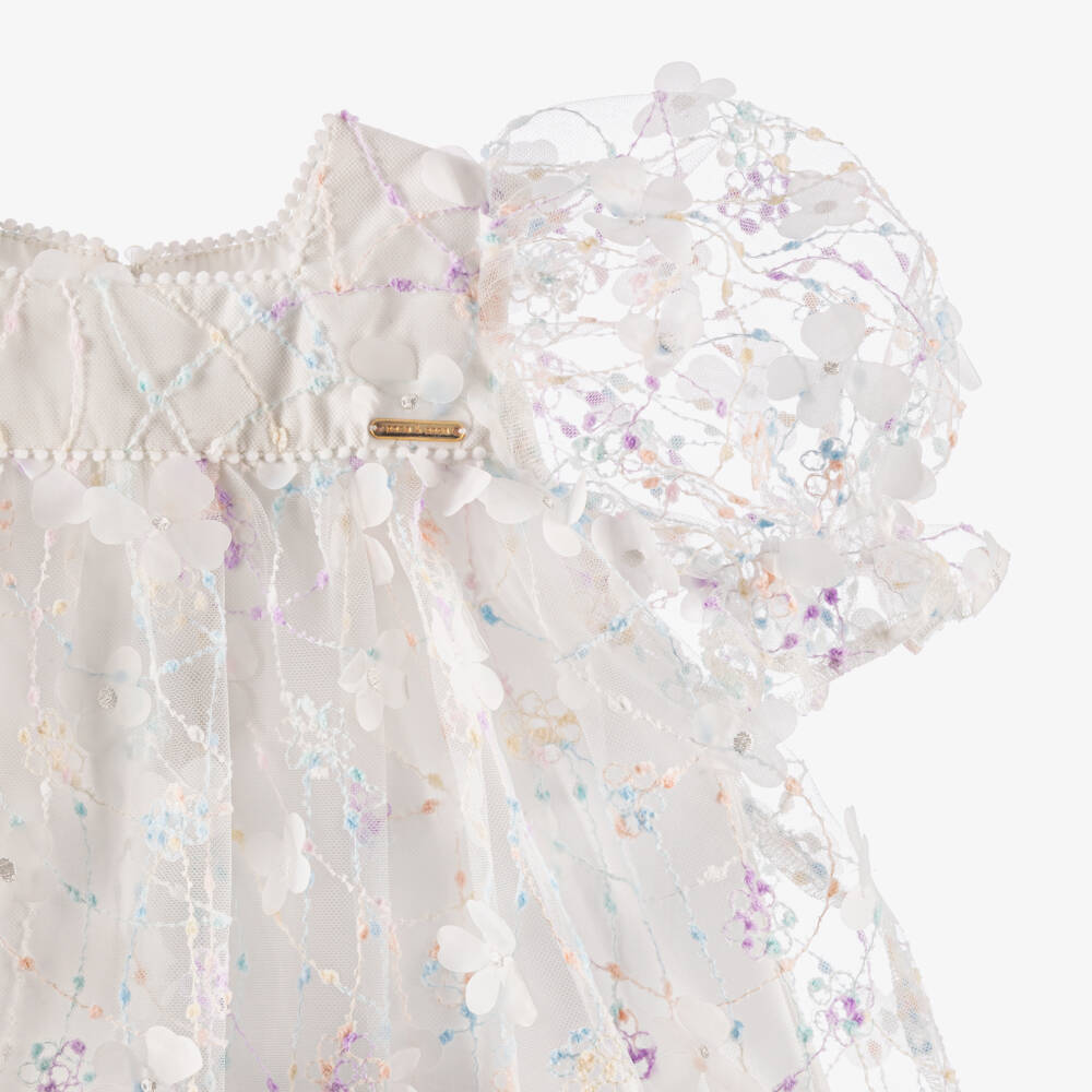 POCA & POCA-Girls Ivory Embroidered Tulle Dress with Floral Appliqués | Childrensalon Outlet