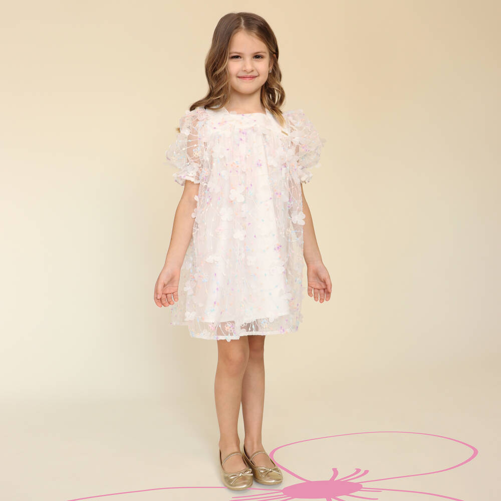 POCA & POCA-Girls Ivory Embroidered Tulle Dress with Floral Appliqués | Childrensalon Outlet