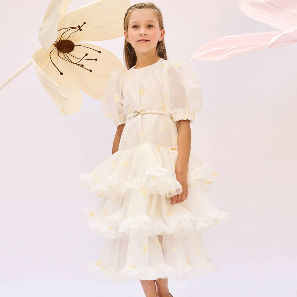 POCA & POCA-Кремовый цветочный ансамбль из органзы для девочек | Childrensalon Outlet