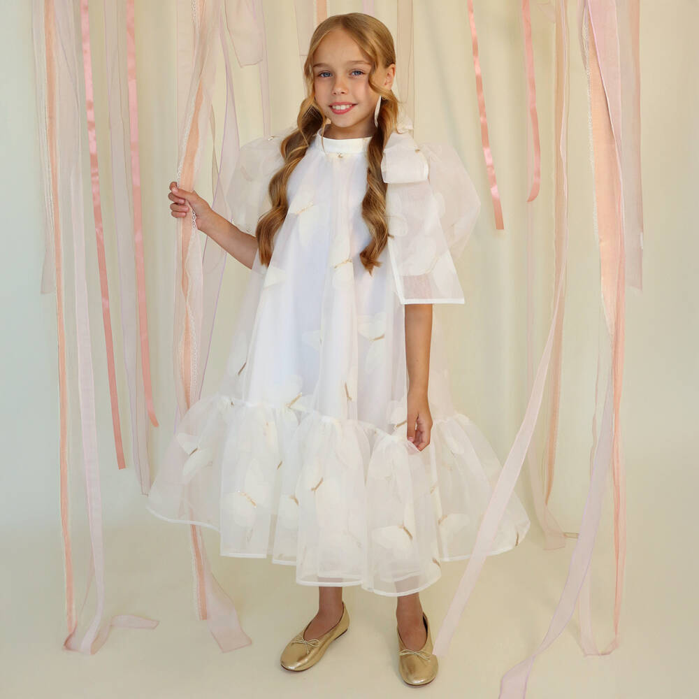 POCA & POCA-Girls Ivory Georgette Jacquard Dress with Butterflies | Childrensalon Outlet