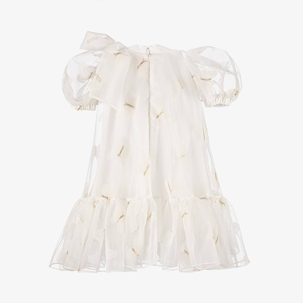 POCA & POCA-Girls Ivory Georgette Jacquard Dress with Butterflies | Childrensalon Outlet