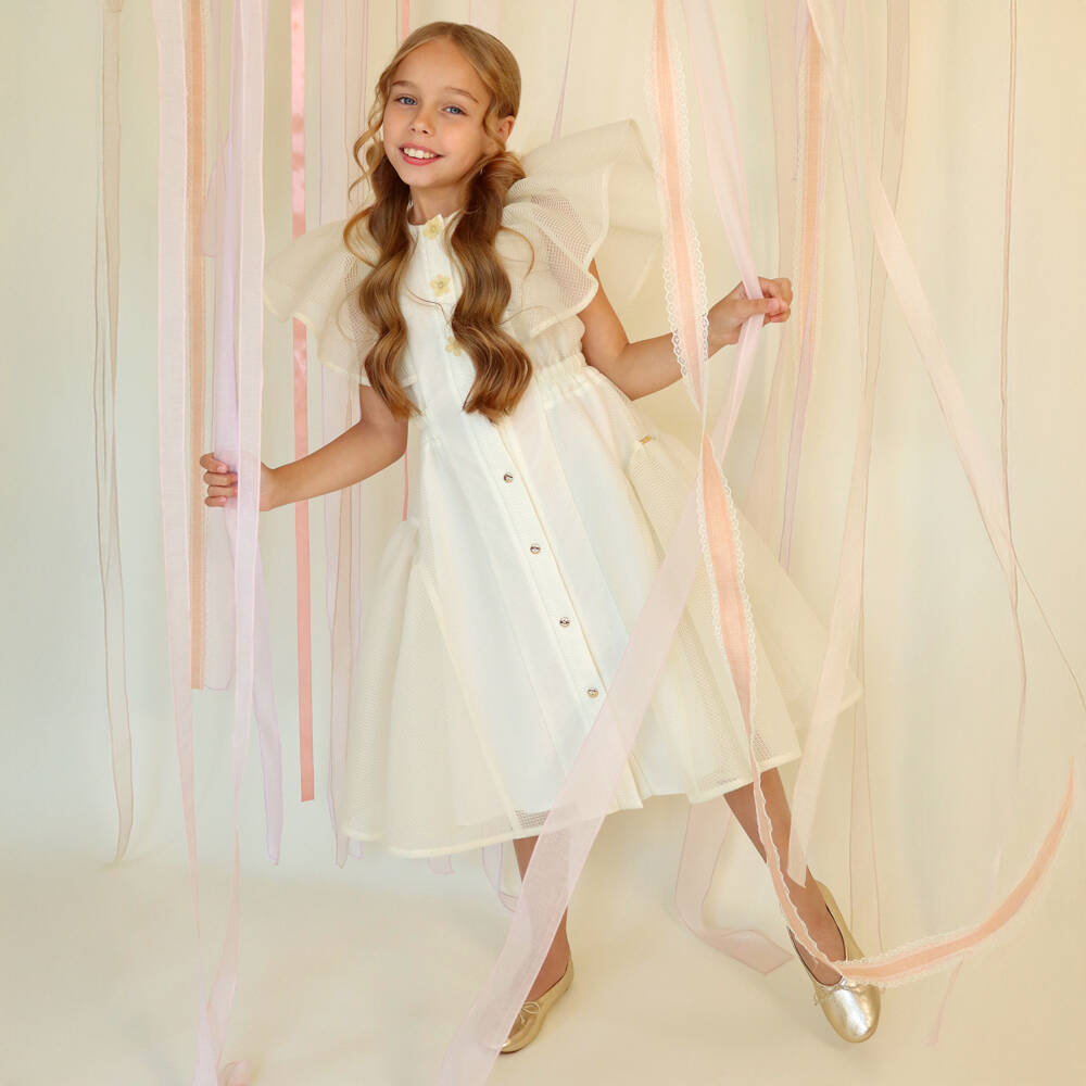 POCA & POCA-Girls Ivory Mesh Dress with Ruffle Sleeves | Childrensalon Outlet