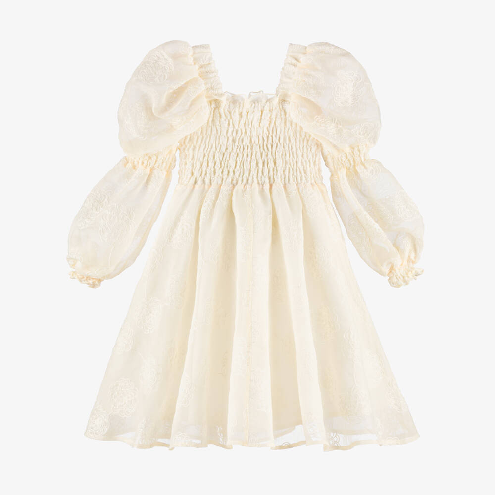 POCA & POCA-Girls Ivory Shirred Georgette Dress with Floral Embroidery | Childrensalon Outlet