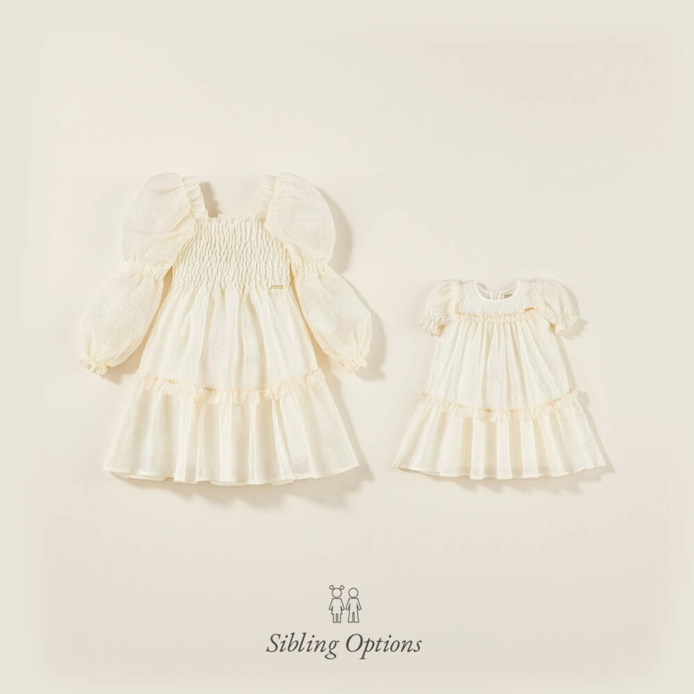 POCA & POCA-Girls Ivory Shirred Georgette Dress with Floral Embroidery | Childrensalon Outlet