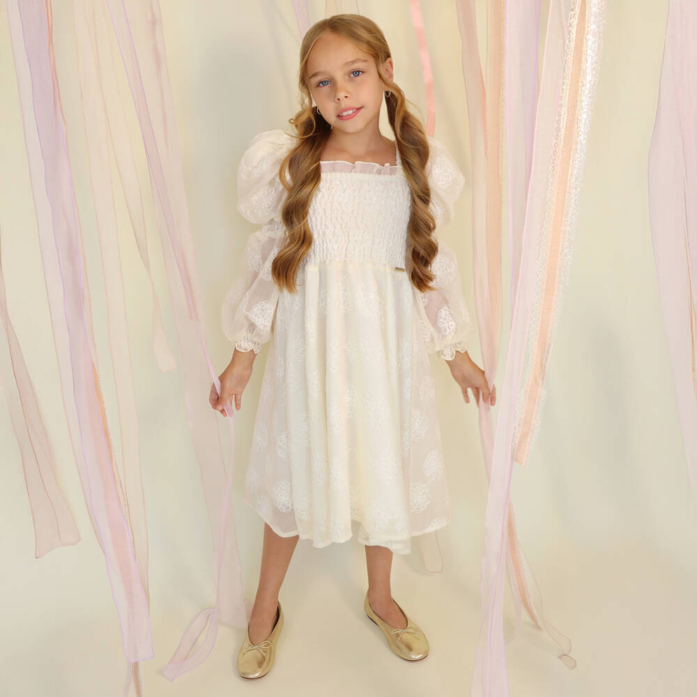 POCA & POCA-Girls Ivory Shirred Georgette Dress with Floral Embroidery | Childrensalon Outlet